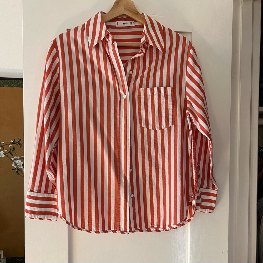 Mango Red & White Striped Cotton Button Down Shirt, Sz 2